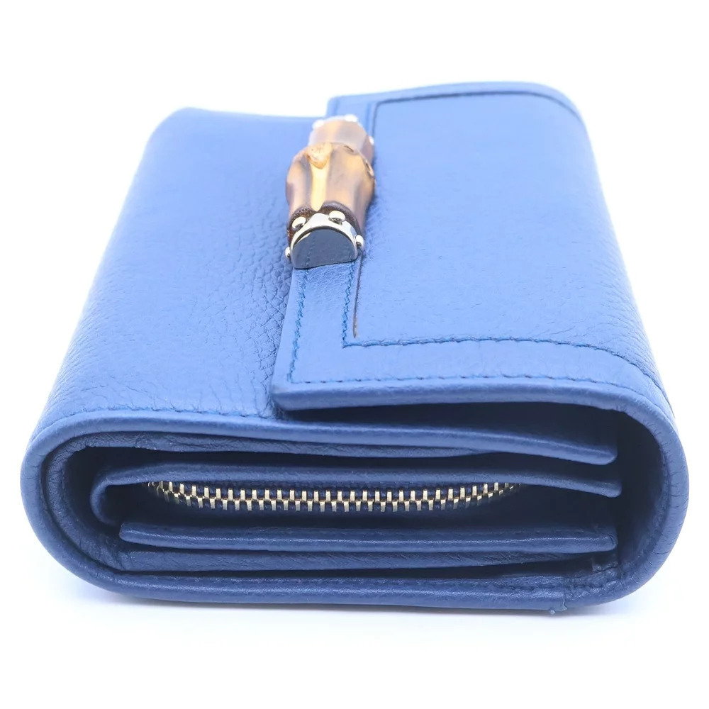 GUCCI Bamboo Bi fold Wallet Compact coin wallet Case Blue Leather - Picture 3 of 5
